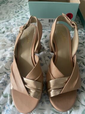Seychelles Nude and Gold Block Heel Sandals